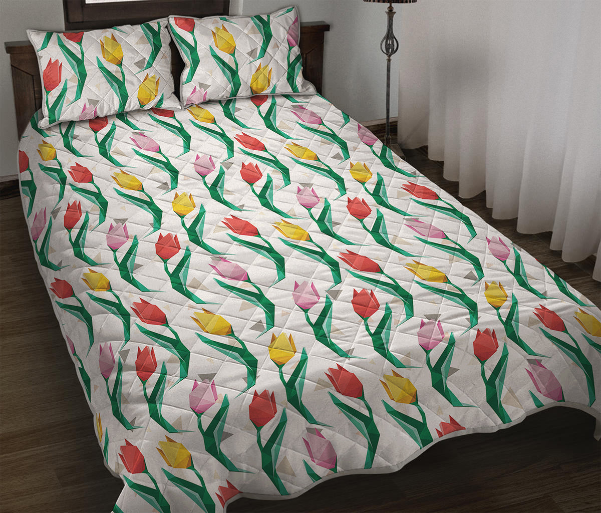 Polygon Tulip Pattern Print Quilt Bed Set
