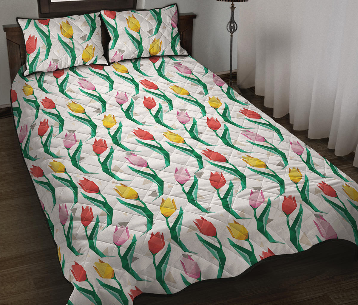 Polygon Tulip Pattern Print Quilt Bed Set