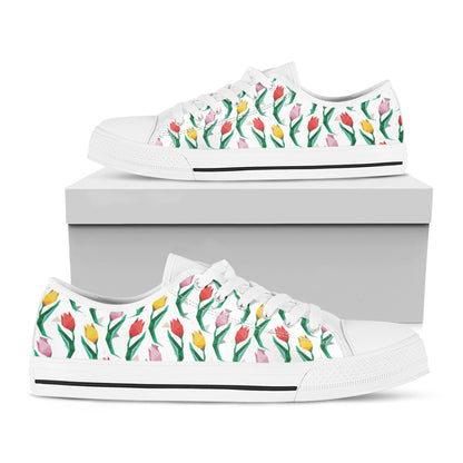 Polygon Tulip Pattern Print White Low Top Shoes