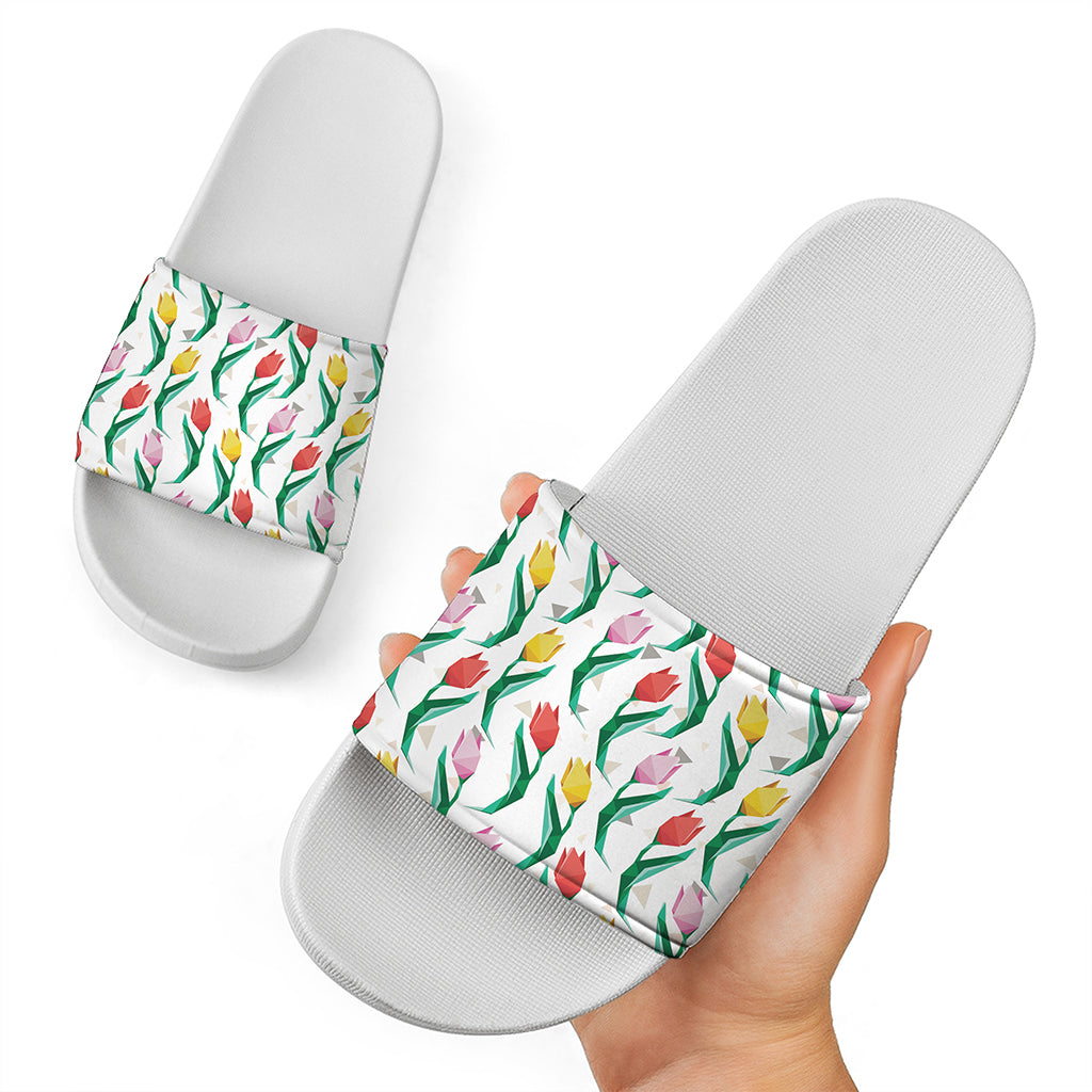 Polygon Tulip Pattern Print White Slide Sandals