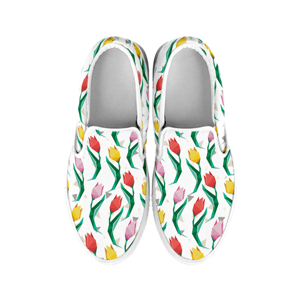 Polygon Tulip Pattern Print White Slip On Shoes