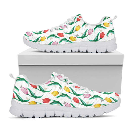Polygon Tulip Pattern Print White Sneakers