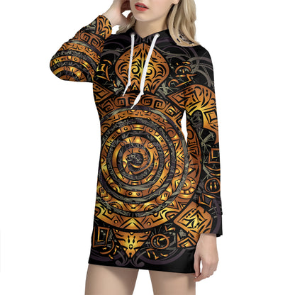 Polynesian Sea Turtle Print Pullover Hoodie Dress