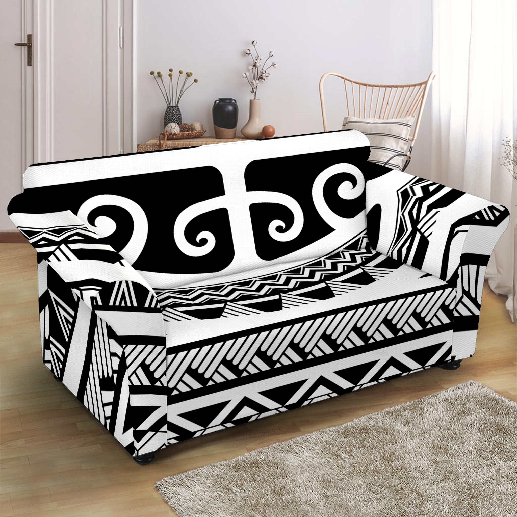 Polynesian Tribal Tattoo Pattern Print Loveseat Slipcover