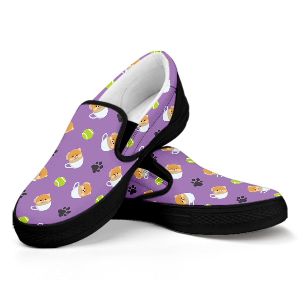 Pomeranian In Tea Cup Pattern Print Black Slip On Shoes
