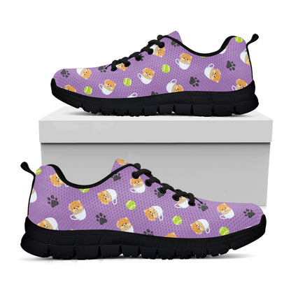 Pomeranian In Tea Cup Pattern Print Black Sneakers