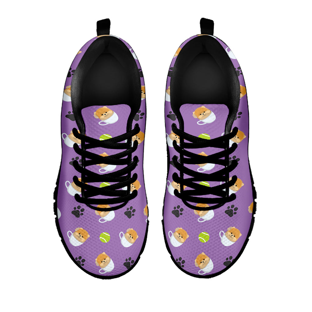 Pomeranian In Tea Cup Pattern Print Black Sneakers