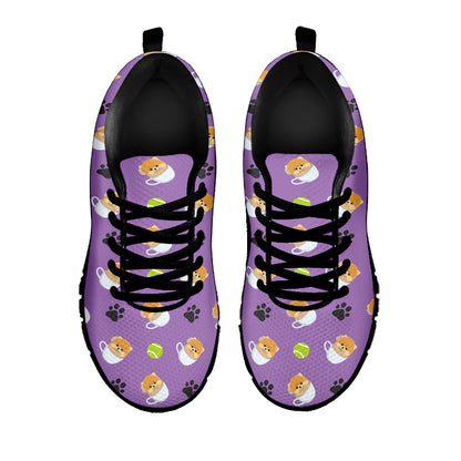 Pomeranian In Tea Cup Pattern Print Black Sneakers