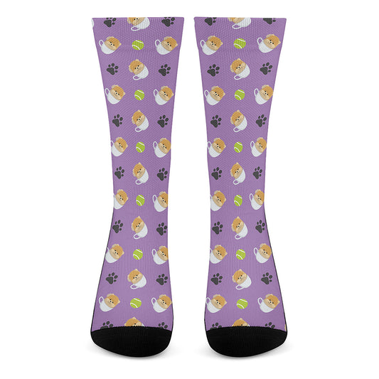 Pomeranian In Tea Cup Pattern Print Crew Socks