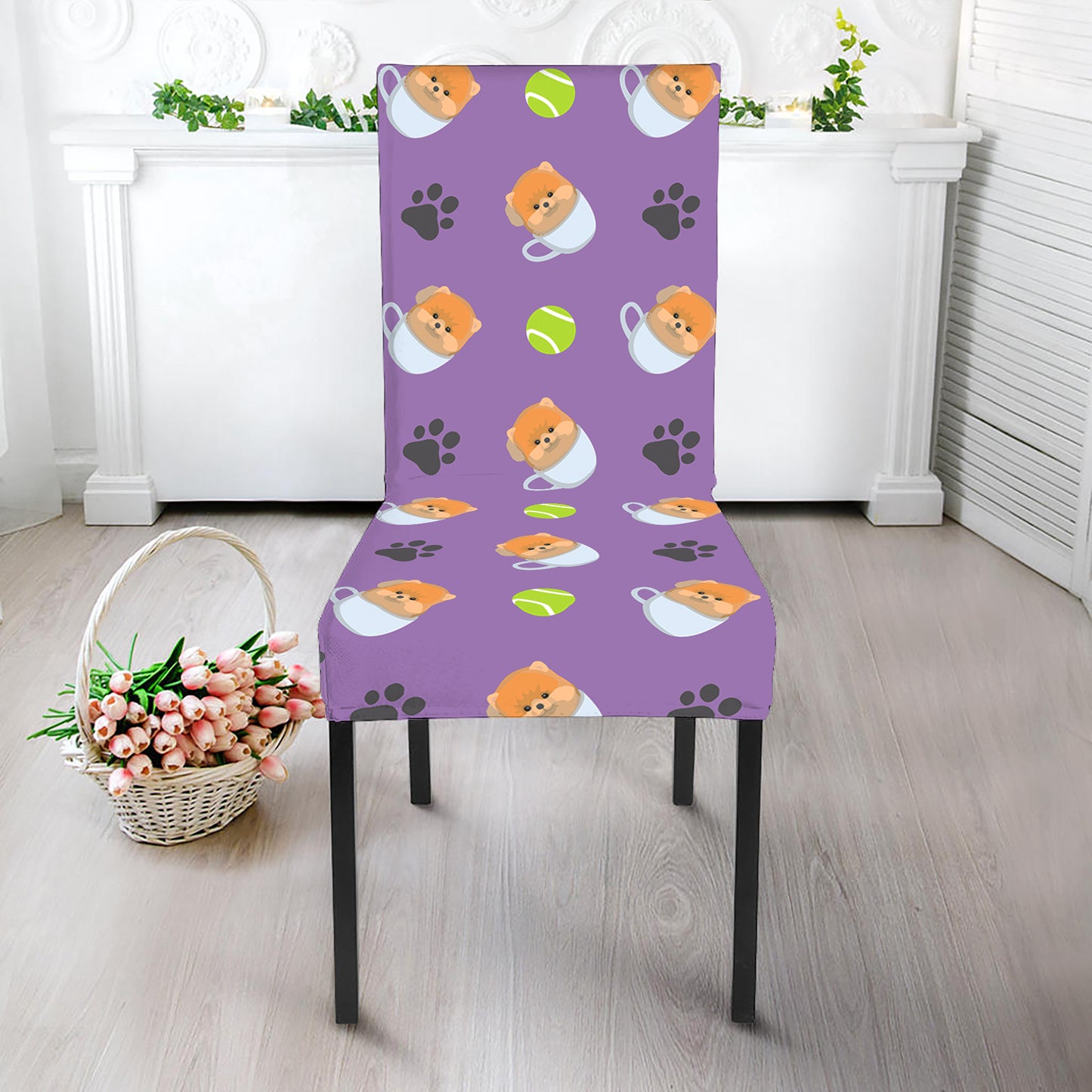 Pomeranian In Tea Cup Pattern Print Dining Chair Slipcover
