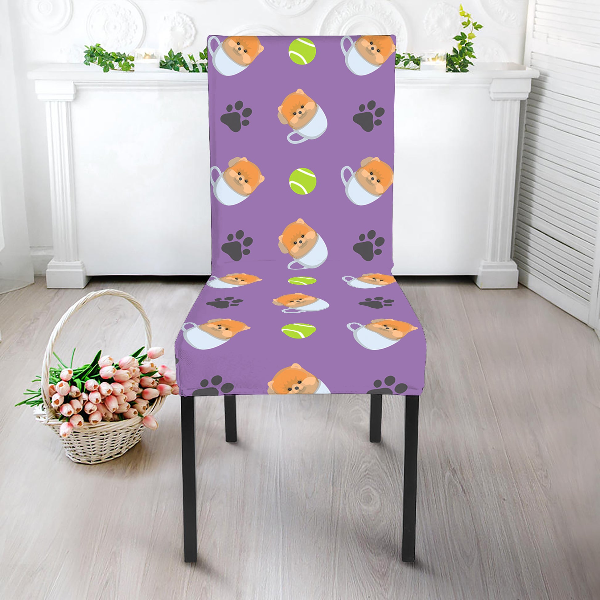 Pomeranian In Tea Cup Pattern Print Dining Chair Slipcover