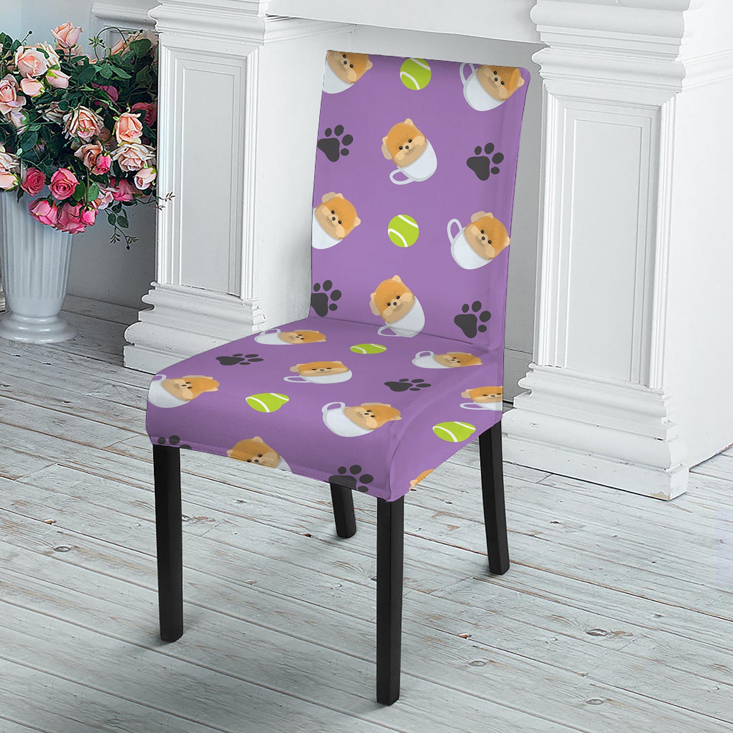 Pomeranian In Tea Cup Pattern Print Dining Chair Slipcover