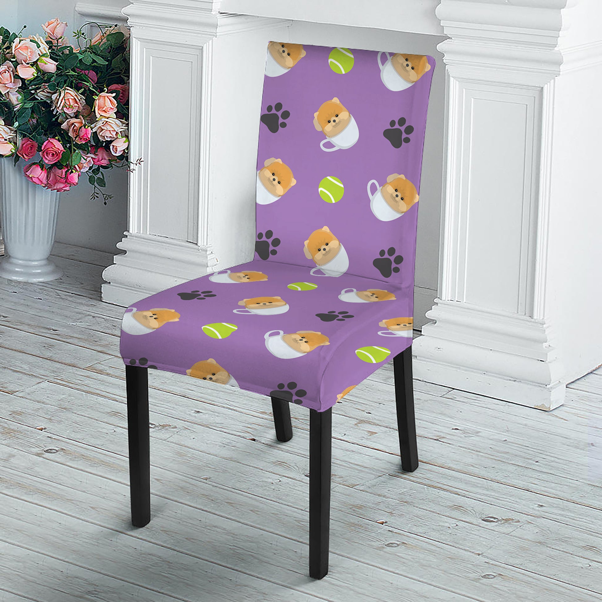 Pomeranian In Tea Cup Pattern Print Dining Chair Slipcover
