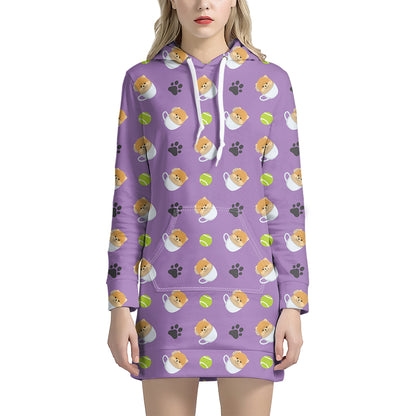 Pomeranian In Tea Cup Pattern Print Hoodie Dress