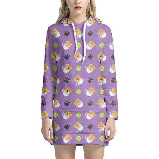 Pomeranian In Tea Cup Pattern Print Hoodie Dress