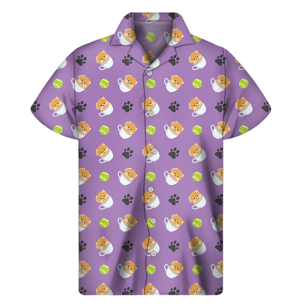 Pomeranian In Tea Cup Pattern Print Men's Short Sleeve Shirt