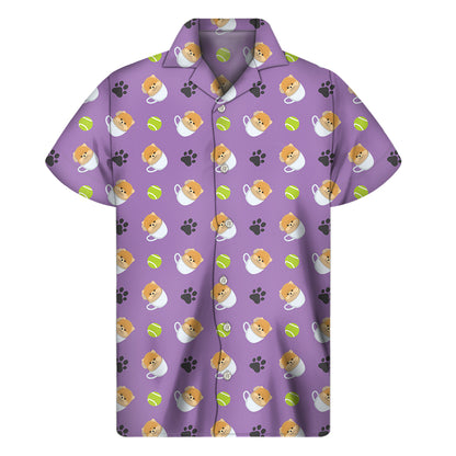 Pomeranian In Tea Cup Pattern Print Men's Short Sleeve Shirt