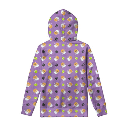 Pomeranian In Tea Cup Pattern Print Pullover Hoodie