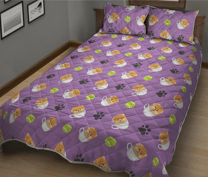 Pomeranian In Tea Cup Pattern Print Quilt Bed Set