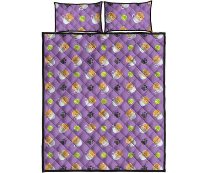 Pomeranian In Tea Cup Pattern Print Quilt Bed Set