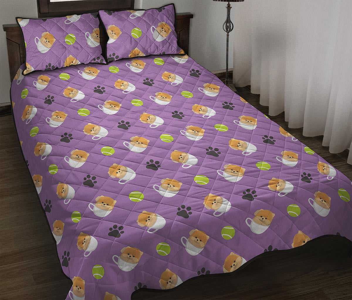 Pomeranian In Tea Cup Pattern Print Quilt Bed Set