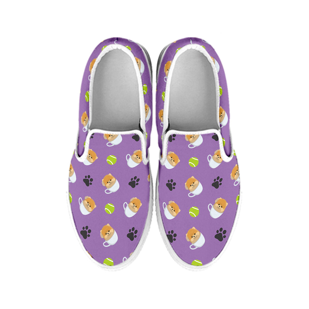 Pomeranian In Tea Cup Pattern Print White Slip On Shoes