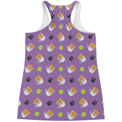 Pomeranian In Tea Cup Pattern Print Women's Racerback Tank Top