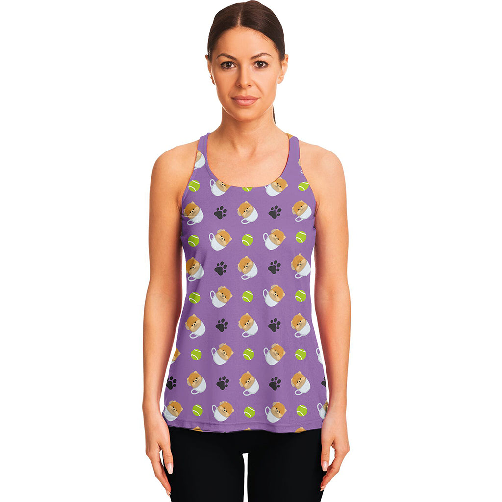 Pomeranian In Tea Cup Pattern Print Women's Racerback Tank Top