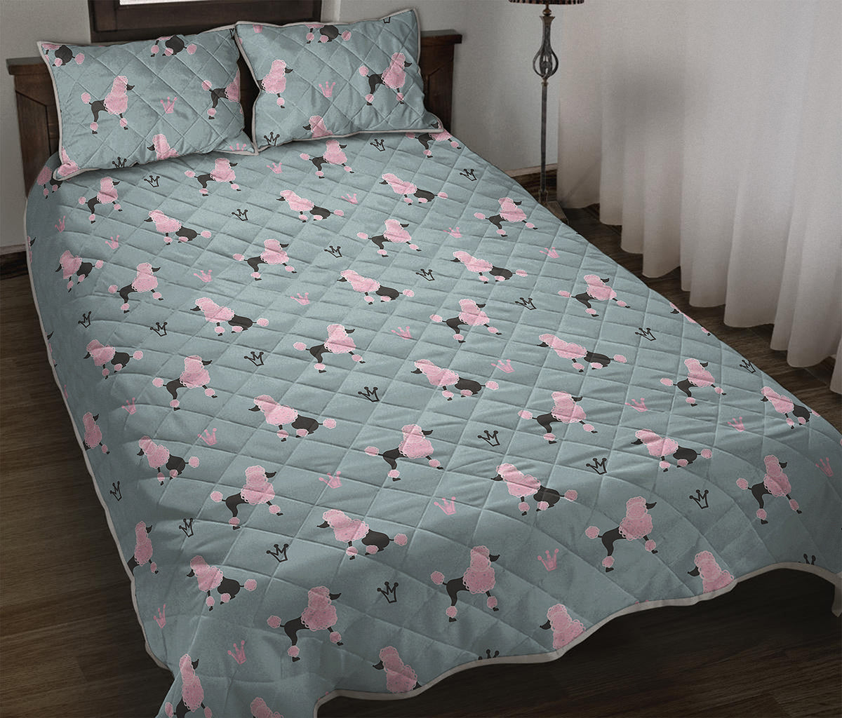 Poodle And Crown Pattern Print Quilt Bed Set