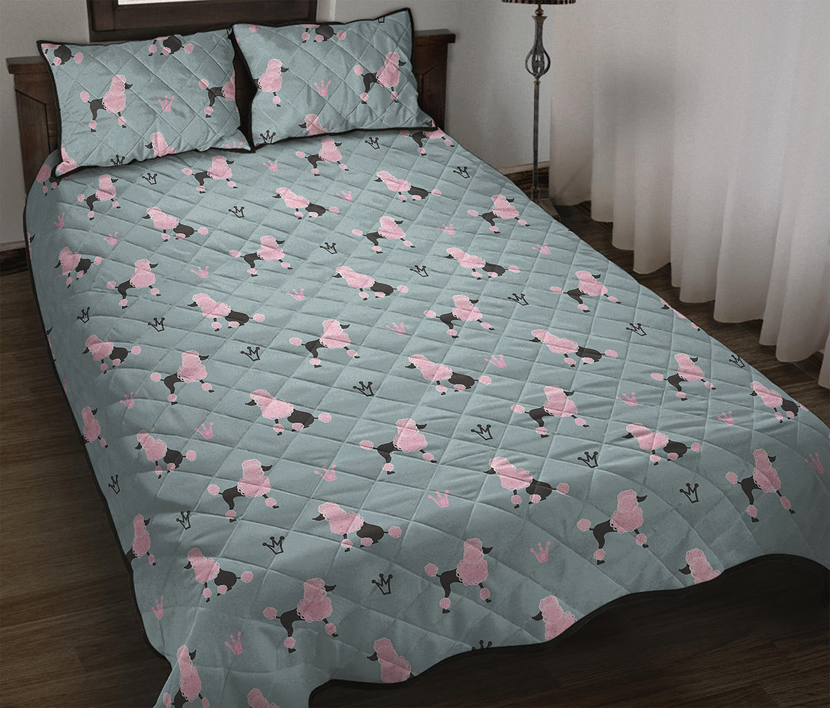 Poodle And Crown Pattern Print Quilt Bed Set