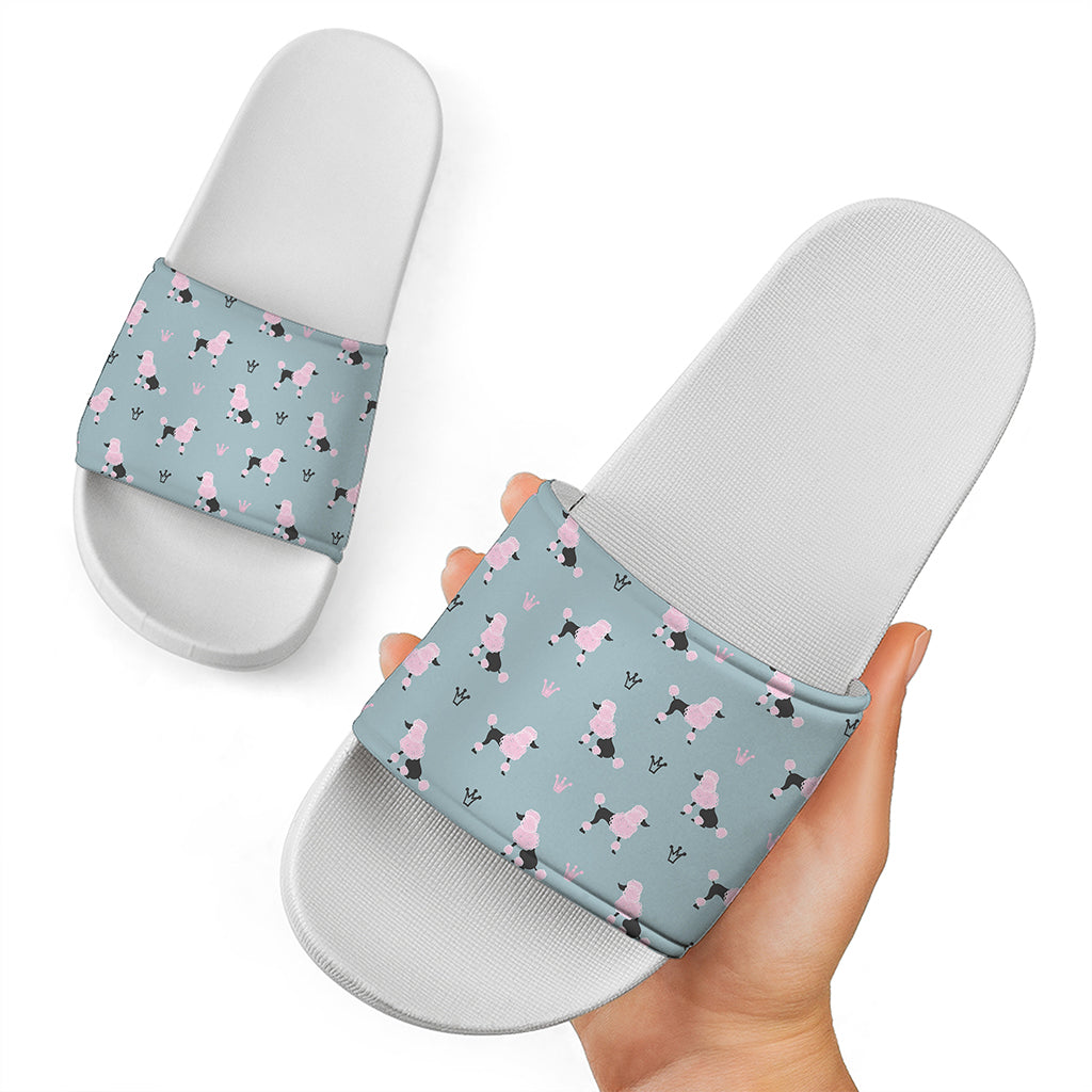 Poodle And Crown Pattern Print White Slide Sandals