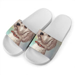 Poodle Portrait Print White Slide Sandals