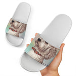 Poodle Portrait Print White Slide Sandals