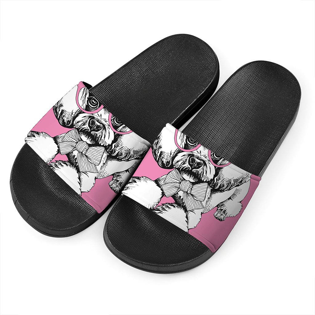 Poodle With Glasses Print Black Slide Sandals