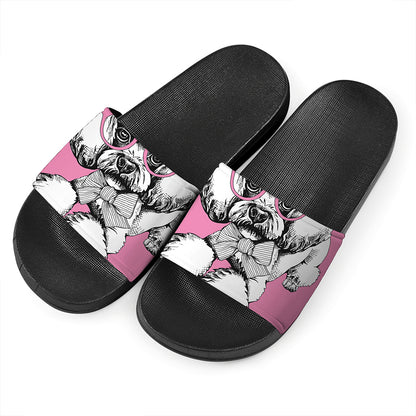Poodle With Glasses Print Black Slide Sandals