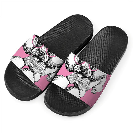 Poodle With Glasses Print Black Slide Sandals