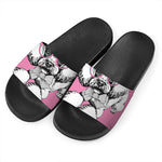 Poodle With Glasses Print Black Slide Sandals