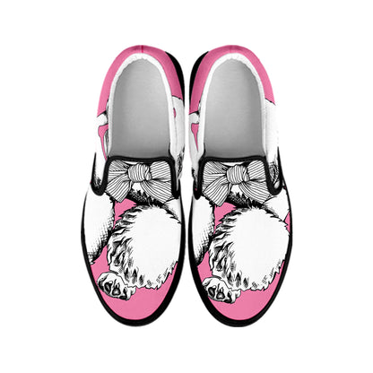 Poodle With Glasses Print Black Slip On Shoes