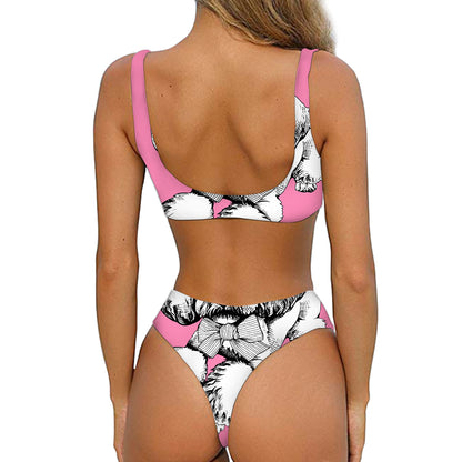 Poodle With Glasses Print Front Bow Tie Bikini