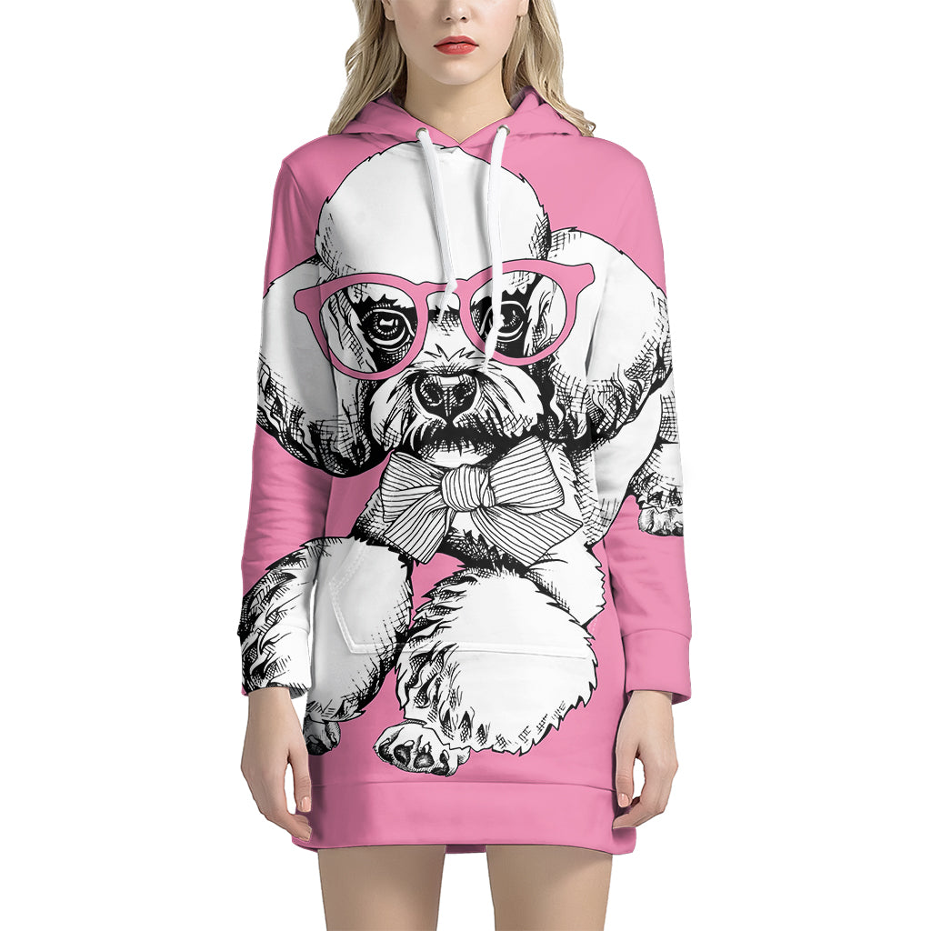 Poodle With Glasses Print Pullover Hoodie Dress
