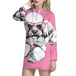 Poodle With Glasses Print Pullover Hoodie Dress
