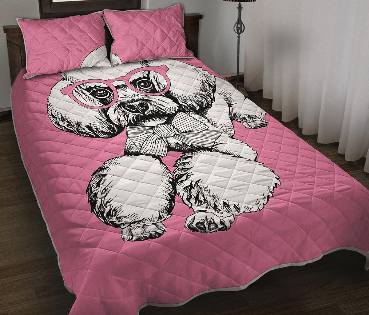 Poodle With Glasses Print Quilt Bed Set