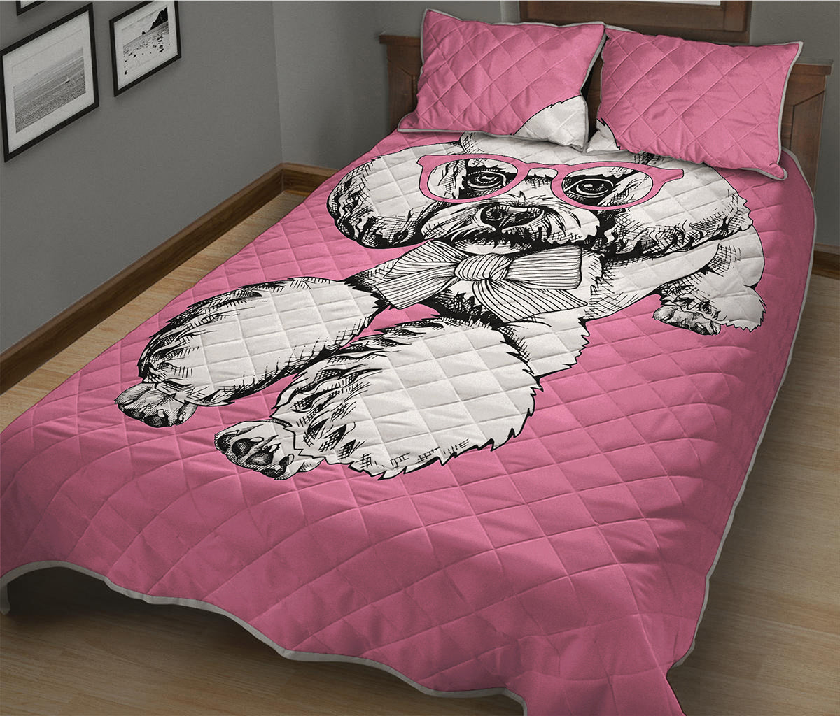 Poodle With Glasses Print Quilt Bed Set