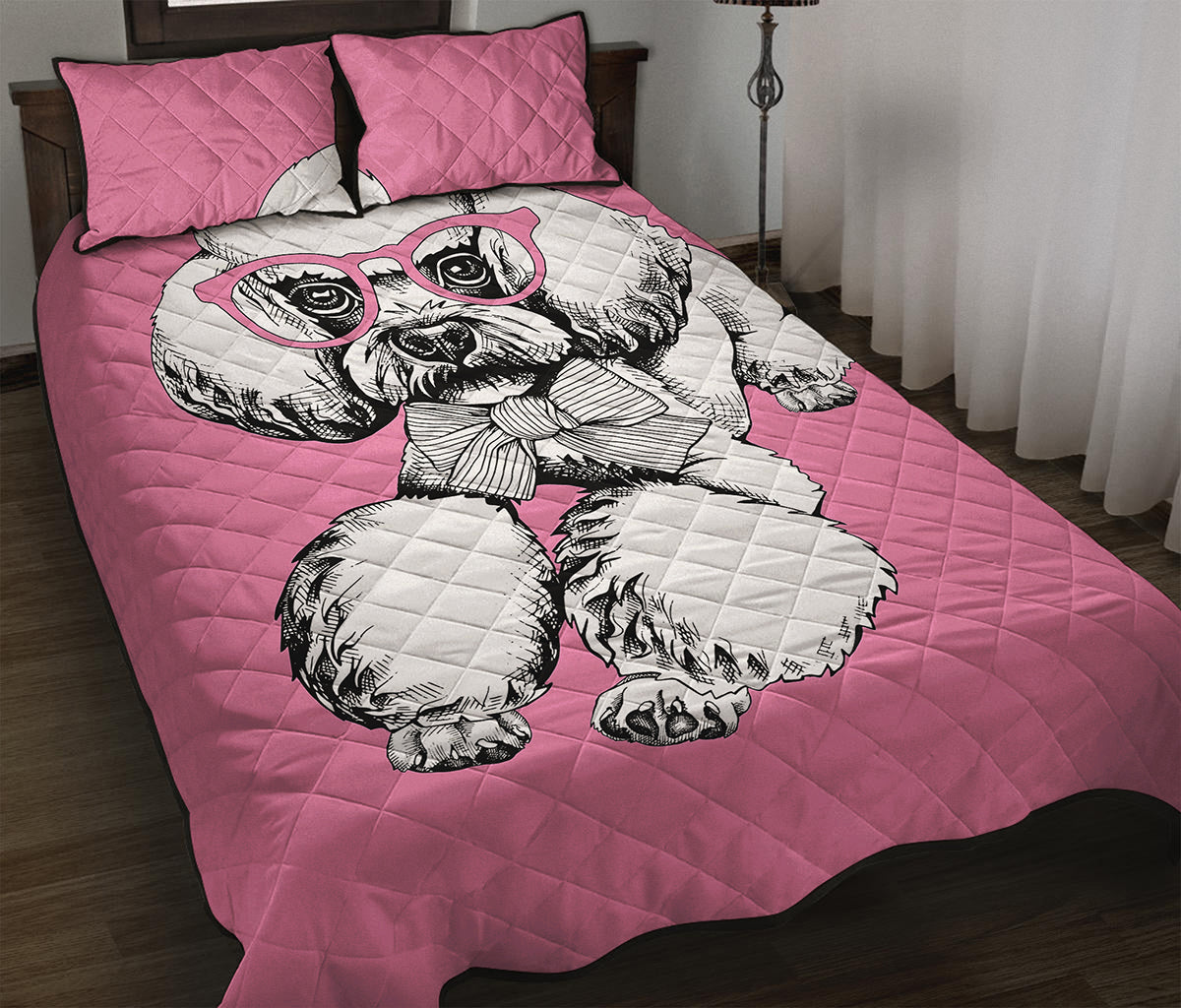 Poodle With Glasses Print Quilt Bed Set