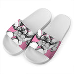 Poodle With Glasses Print White Slide Sandals