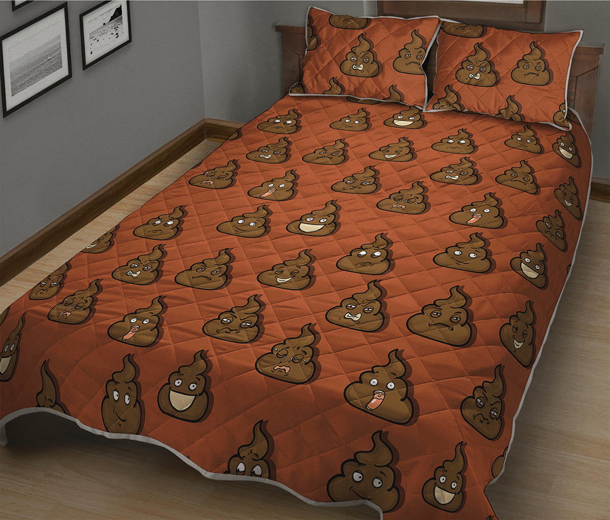 Poop Emoticons Pattern Print Quilt Bed Set