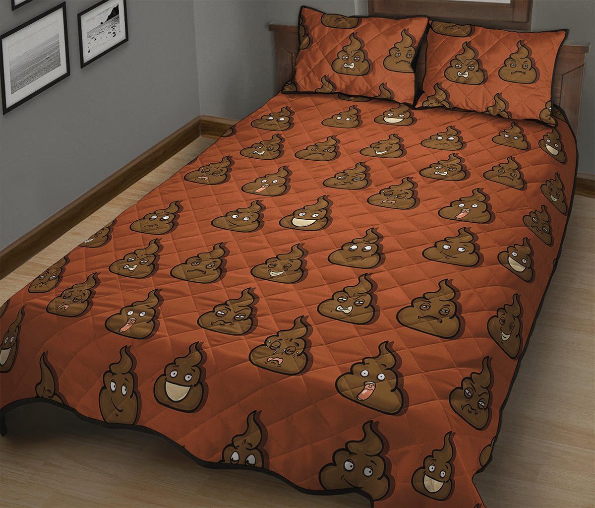Poop Emoticons Pattern Print Quilt Bed Set