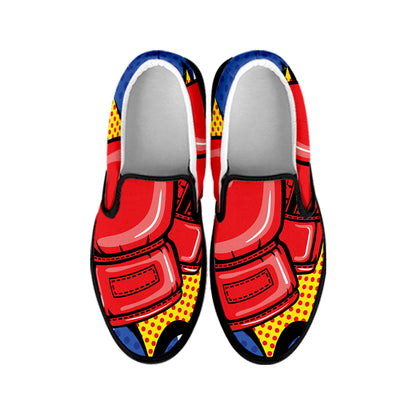 Pop Art Boxing Gloves Print Black Slip On Shoes