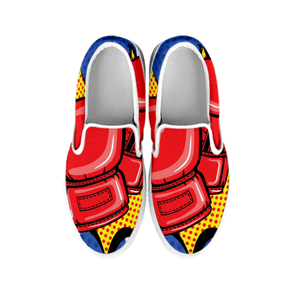 Pop Art Boxing Gloves Print White Slip On Shoes