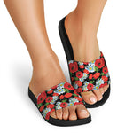 Poppy And Chamomile Pattern Print Black Slide Sandals